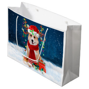 Corgi Dog in Snow with Christmas Gifts  Large Gift Bag