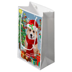 Corgi Dog in Snow with Christmas Gifts   Small Gift Bag