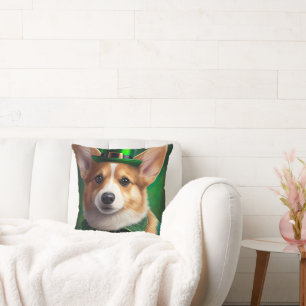 Corgi Dog in St. Patrick's Day Dress Throw Pillow