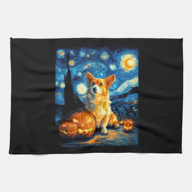 Corgi Dog Lovers Painting of van gogh starry night Kitchen Towel (Horizontal)