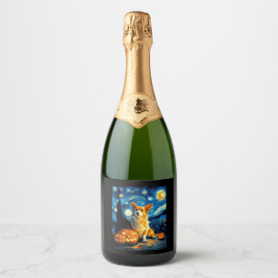 Corgi Dog Lovers Painting of van gogh starry night Sparkling Wine Label