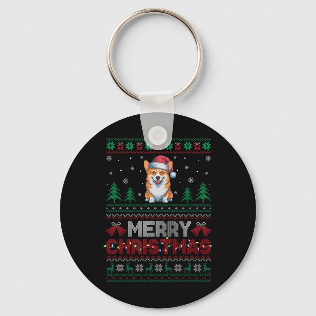 Corgi Dog Lovers Santa Hat Christmas Tree Lights  Keychain (Front)