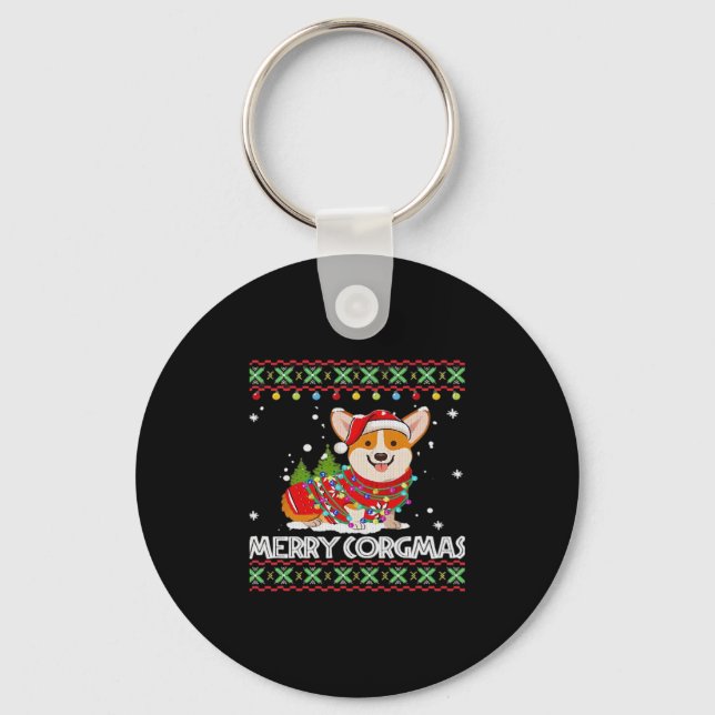 Corgi Dog Merry Corgmas Santa Corgi Ugly Christmas Keychain (Front)
