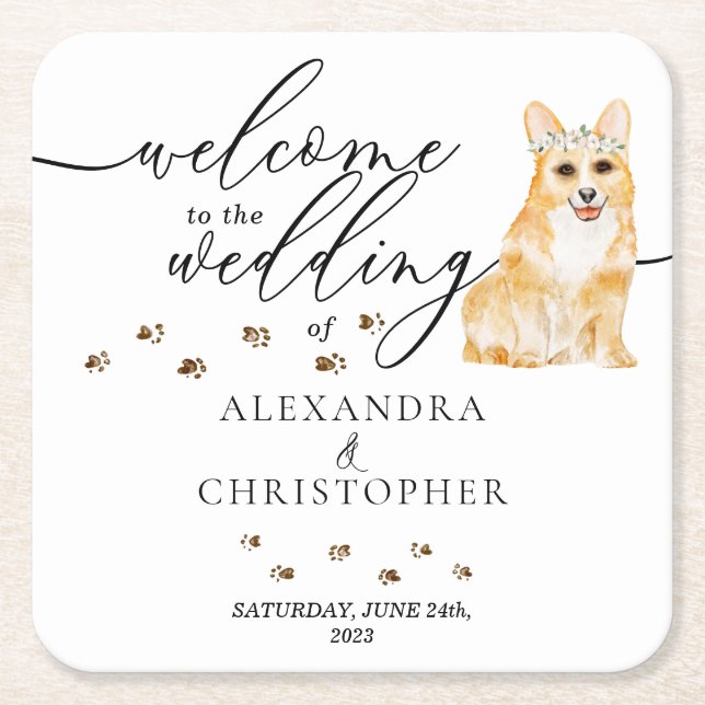 Corgi Dog Mom Welcome to the wedding Square Paper Coaster (Front)