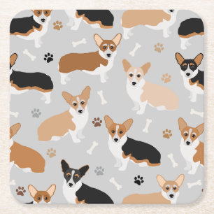 Corgi Dog Paws and Bones Square Paper Coaster