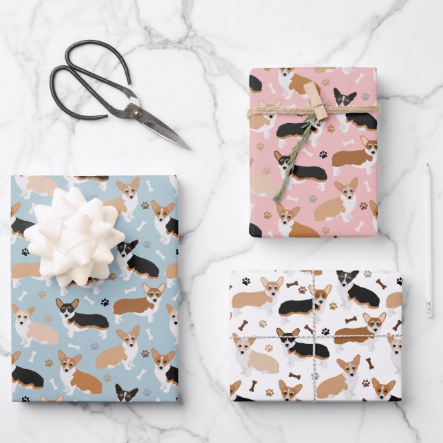 Corgi Dog Paws and Bones Wrapping Paper Sheet (Front)