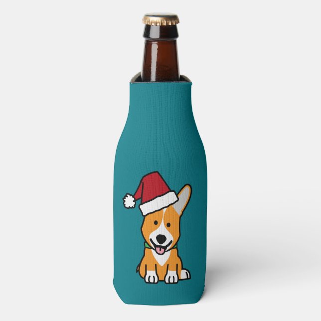 Corgi dog puppy Pembroke Welsh Christmas Santa hat Bottle Cooler (Bottle Front)