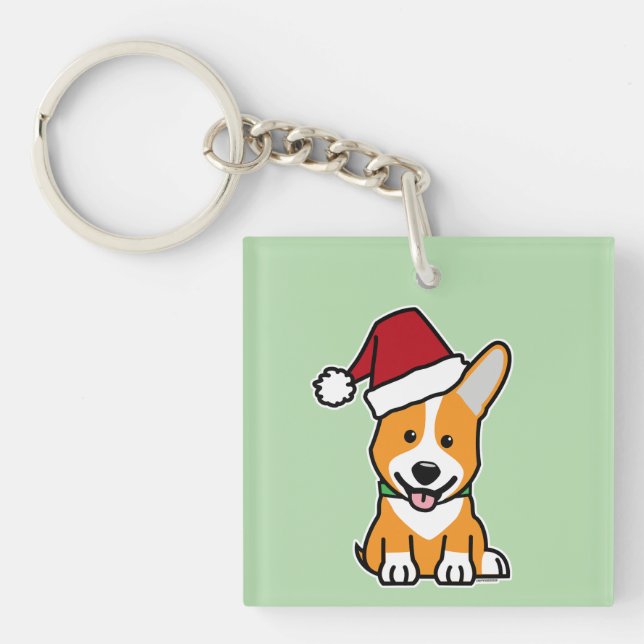 Corgi dog puppy Pembroke Welsh Christmas Santa hat Keychain (Front)