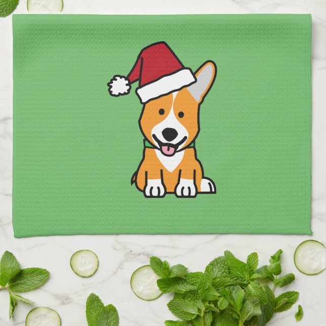 Corgi dog puppy Pembroke Welsh Christmas Santa hat Kitchen Towel (Folded)
