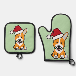 Corgi dog puppy Pembroke Welsh Christmas Santa hat Oven Mitt & Pot Holder Set