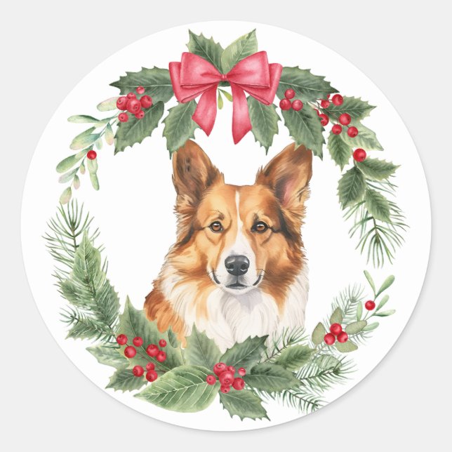 Corgi Dog Red Bow Holly Wreath Classic Round Sticker (Front)