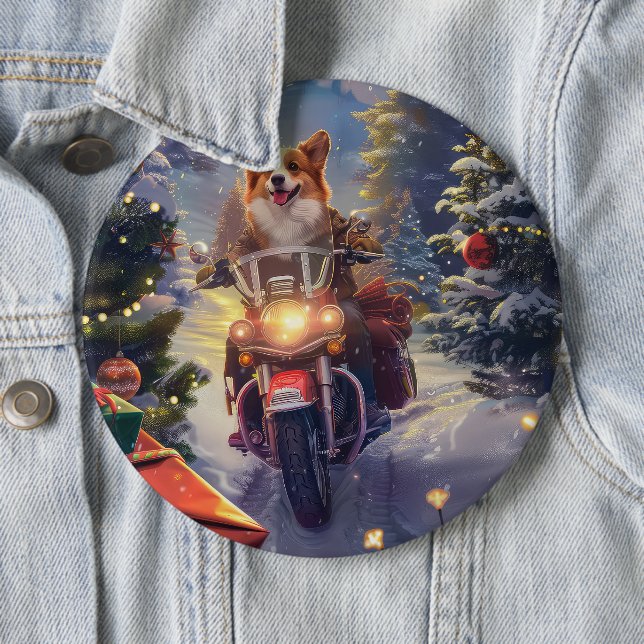 Corgi Dog Riding Motorcycle Christmas 6 Inch Round Button (In Situ)