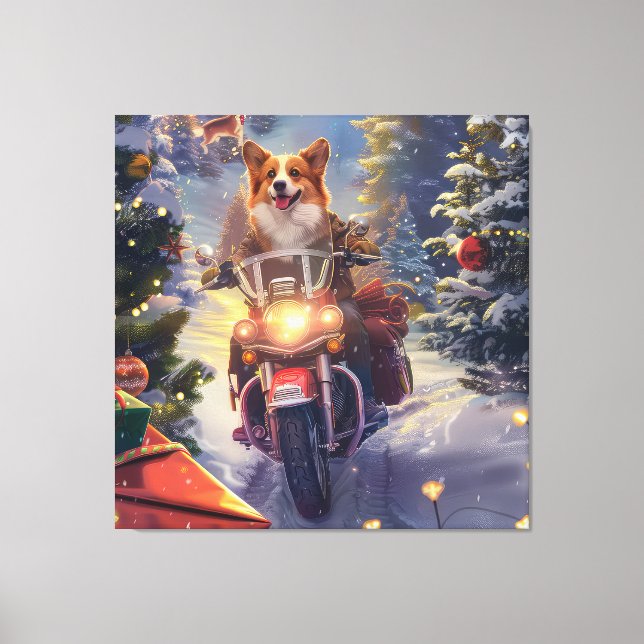 Corgi Dog Riding Motorcycle Christmas Canvas Print (Front)