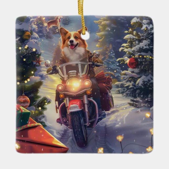 Corgi Dog Riding Motorcycle Christmas Ceramic Ornament (Front)