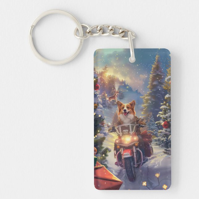 Corgi Dog Riding Motorcycle Christmas Keychain (Front)