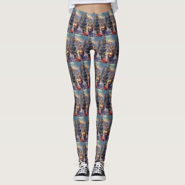 Corgi Dog Riding Motorcycle Christmas Leggings (Front)