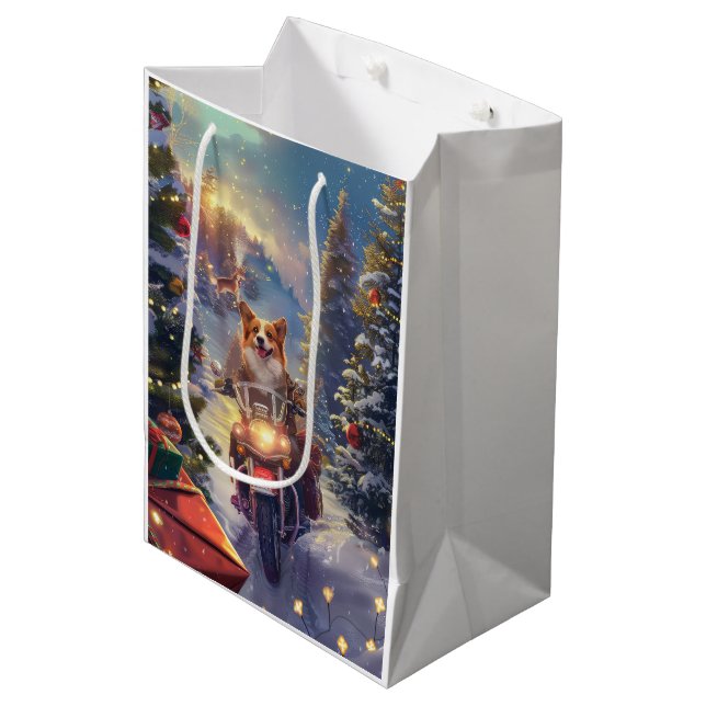 Corgi Dog Riding Motorcycle Christmas Medium Gift Bag (Front Angled)