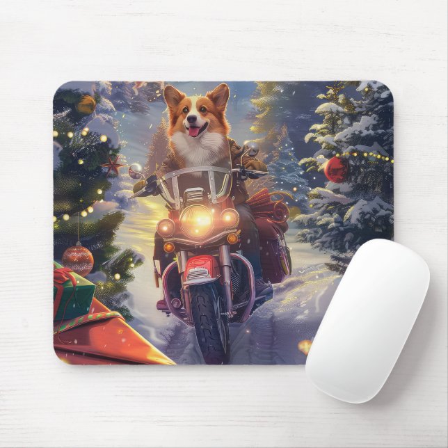 Corgi Dog Riding Motorcycle Christmas Mouse Pad (With Mouse)