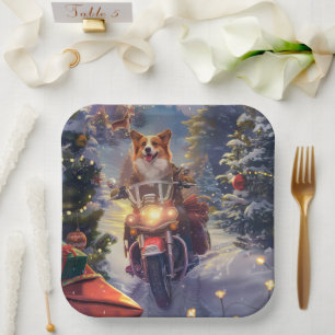 Corgi Dog Riding Motorcycle Christmas Paper Plate