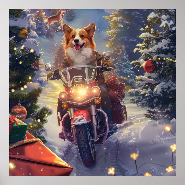 Corgi Dog Riding Motorcycle Christmas Poster (Front)