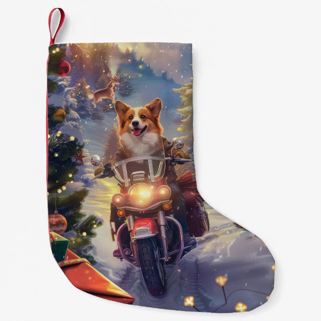 Corgi Dog Riding Motorcycle Christmas Small Christmas Stocking (Front)