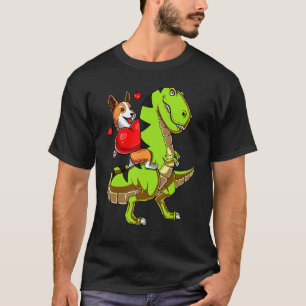 Corgi Dog Riding T Rex Dinosaur Valentines Men Wom T-Shirt