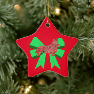 Corgi Dog Silhouette Red & Green Bow Christmas Ceramic Ornament