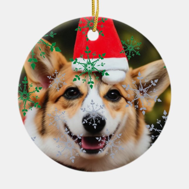 Corgi dog smiling christmas fun  ceramic ornament (Front)