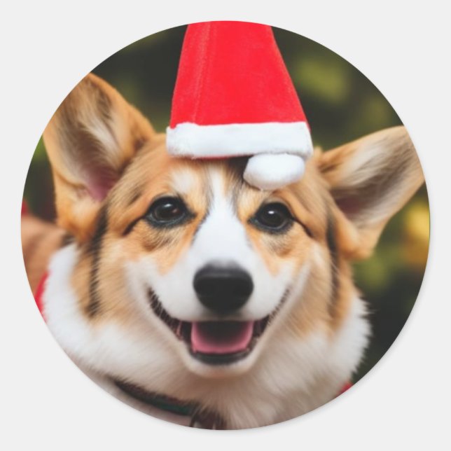 Corgi dog smiling christmas fun  classic round sticker (Front)