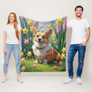 Corgi Dog Spring Flowers Painting Fleece Blanket
