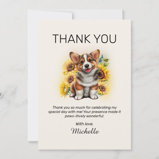 Corgi Dog Sunflowers Birthday Thank You Card (Front)