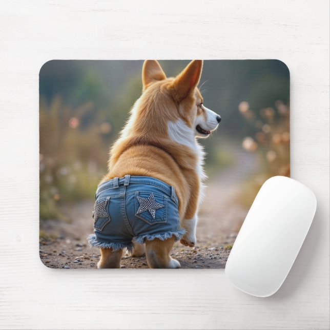 Corgi Dog Wearing Blue Jean Shorts Mouse Pad (With Mouse)