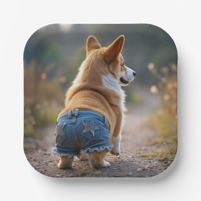 Corgi Dog Wearing Blue Jean Shorts Paper Plate (Front)