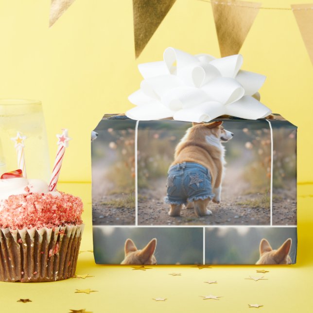 Corgi Dog Wearing Blue Jean Shorts Wrapping Paper (Birthday Party)