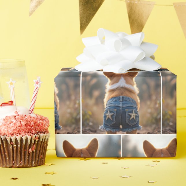 Corgi Dog Wearing Denim Shorts Wrapping Paper (Birthday Party)