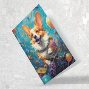 Corgi Dog With Balloons Birthday  Card