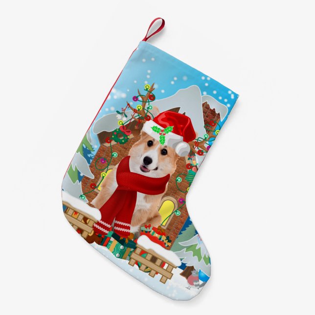 Corgi dog with Christmas gifts Small Christmas Stocking (Front (Hanging))