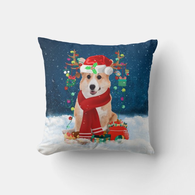 Corgi dog with Christmas gifts Throw Pillow (Front)