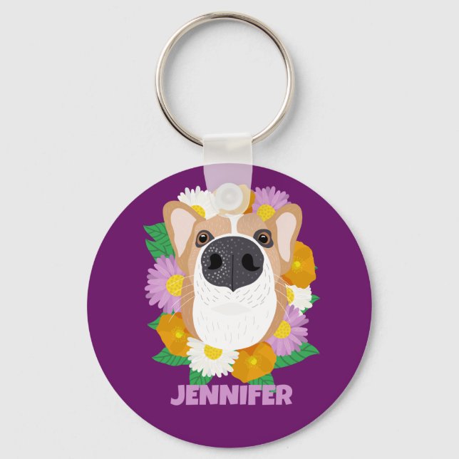 Corgi Dog with Flowers Purple Personalized Keychain (Front)