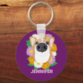 Corgi Dog with Flowers Purple Personalized Keychain (Front)
