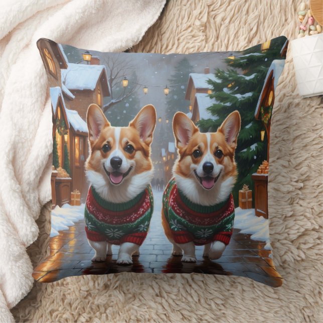 Corgi Dogs Christmas Snow Holiday Throw Pillow (Blanket)