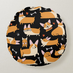 Corgi Dogs, Cute Seamless Background. Round Pillow