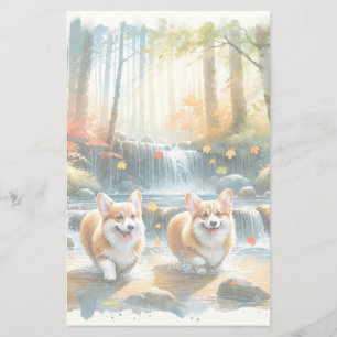 Corgi Dogs In A Woodland Stream With Fall Colours