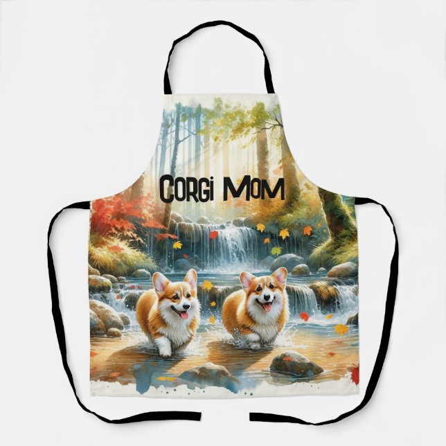 Corgi Dogs In A Woodland Stream With Fall Colours Apron (Front)