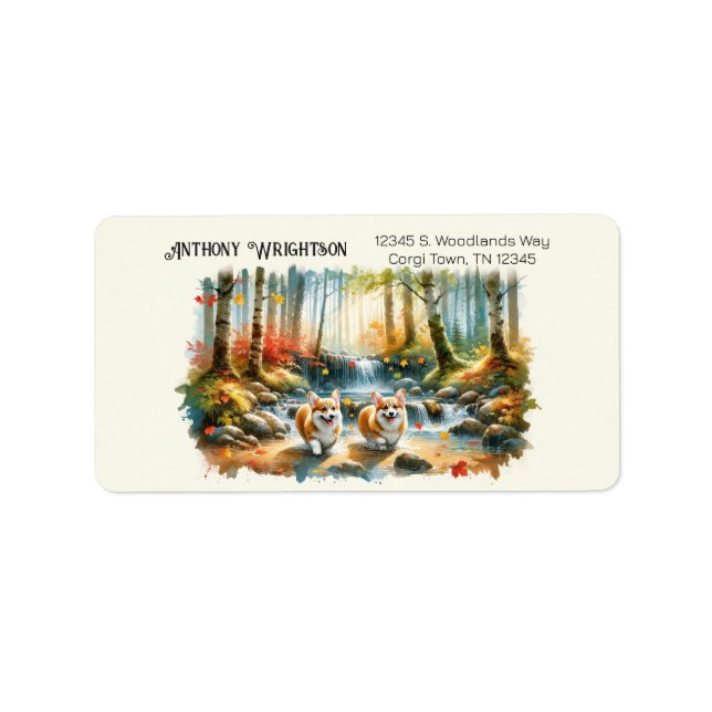 Corgi Dogs In A Woodland Stream With Fall Colours Label (Front)