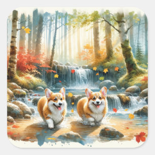 Corgi Dogs In A Woodland Stream With Fall Colours Square Sticker
