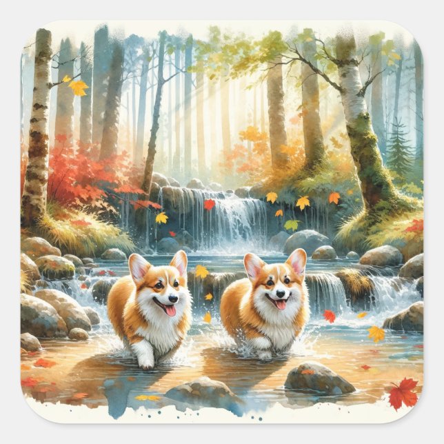 Corgi Dogs In A Woodland Stream With Fall Colours Square Sticker (Front)