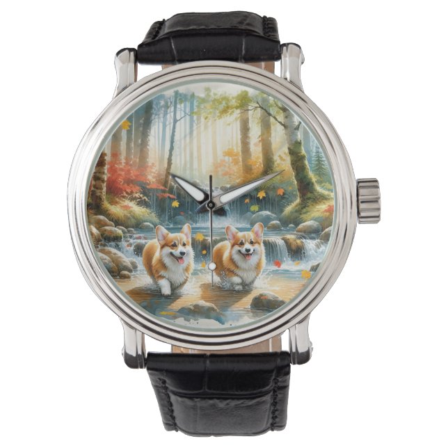 Corgi Dogs In A Woodland Stream With Fall Colours Watch (Front)