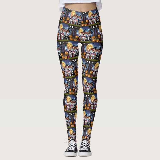 Corgi Dogs Pumpkin Halloween Funny Leggings (Front)