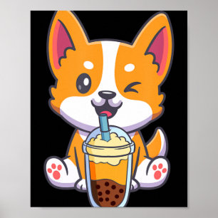Corgi Drinking Boba Bubble Tea Drink Dog Anime Kaw Poster